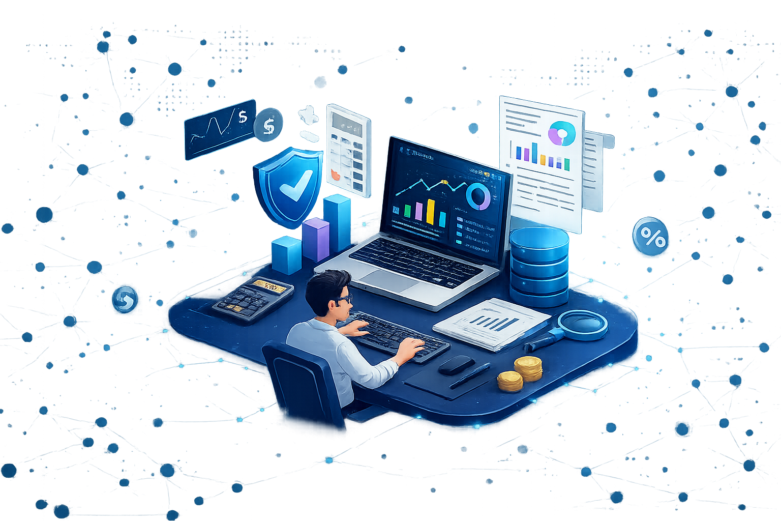 Illustration of a credit analyst reviewing risk analytics on a laptop dashboard